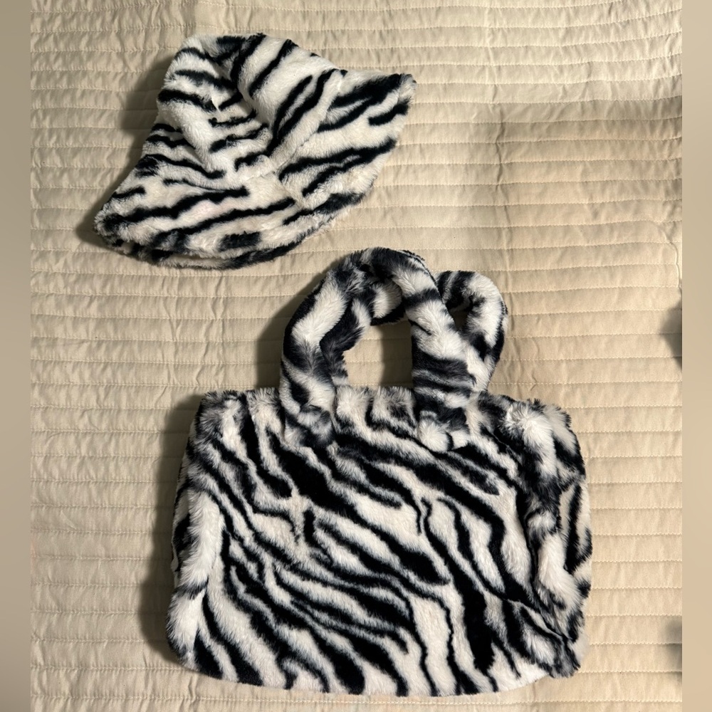 Urban Outfitters Black and White Fuzzy Mini Bag and Hat